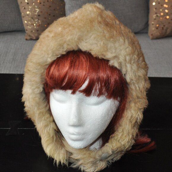Vintage Wool Bonnet Hood Winter Hat Chin Strap Sheepskin Shearling Cap Unisex S - Picture 5 of 8